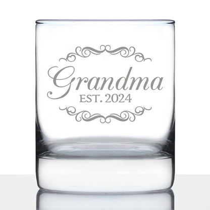 Grandma Est 2024 - New Grandmother Whiskey Rocks Glass Gift for First Time Grandparents - Decorative 10.25 Oz Glasses