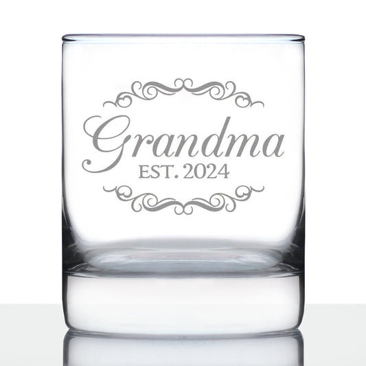Grandma Est 2024 - New Grandmother Whiskey Rocks Glass Gift for First Time Grandparents - Decorative 10.25 Oz Glasses