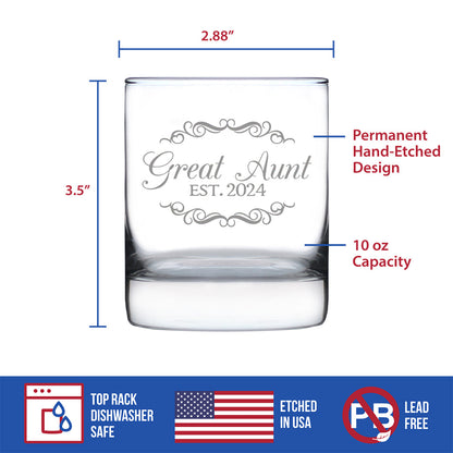 Great Aunt Est 2024 - New Great Aunts Whiskey Rocks Glass Gift for First Time Great Aunts - Decorative 10.25 Oz Glasses