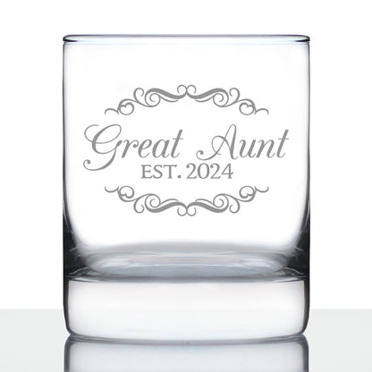 Great Aunt Est 2024 - New Great Aunts Whiskey Rocks Glass Gift for First Time Great Aunts - Decorative 10.25 Oz Glasses