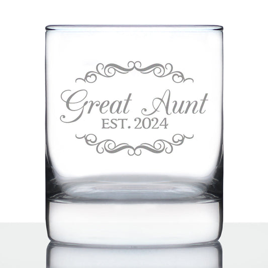 Great Aunt Est 2024 - New Great Aunts Whiskey Rocks Glass Gift for First Time Great Aunts - Decorative 10.25 Oz Glasses
