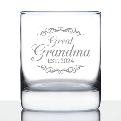 Great Grandma Est 2024 - New Great Grandmother Whiskey Rocks Glass Gift for First Time Great Grandparents - Decorative 10.25 Oz Glasses
