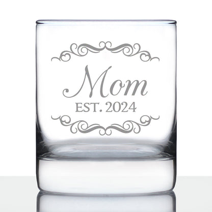 Mom Est 2024 - New Mother Whiskey Rocks Glass Gift for First Time Parents - Decorative 10.25 Oz Glasses