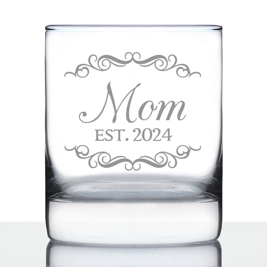 Mom Est 2024 - New Mother Whiskey Rocks Glass Gift for First Time Parents - Decorative 10.25 Oz Glasses