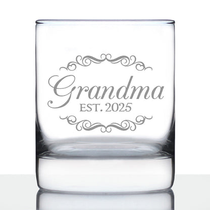 Grandma Est 2025 - New Grandmother Whiskey Rocks Glass Gift for First Time Grandparents - Decorative 10.25 Oz Glasses