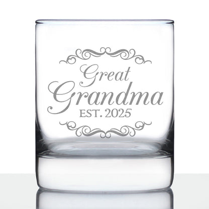 Great Grandma Est 2025 - New Great Grandmother Whiskey Rocks Glass Gift for First Time Great Grandparents - Decorative 10.25 Oz Glasses