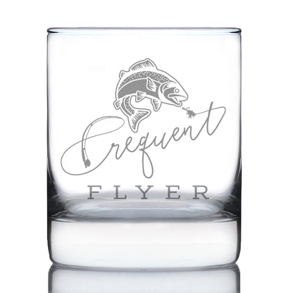 Frequent Flyer Engraved Rocks Glass Gifts for Fly Fishers Weighted Whiskey Glasses - 10.25 oz