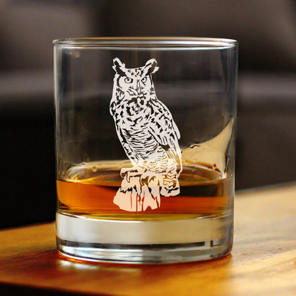 Great Horned Owl Engraved Rocks Glass Owl Decor and Bird Lover Gifts Weighted Whiskey Glasses - 10.25 oz