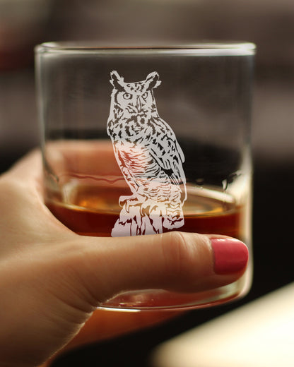 Great Horned Owl Engraved Rocks Glass Owl Decor and Bird Lover Gifts Weighted Whiskey Glasses - 10.25 oz