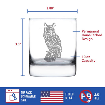Great Horned Owl Engraved Rocks Glass Owl Decor and Bird Lover Gifts Weighted Whiskey Glasses - 10.25 oz