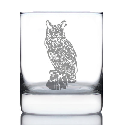Great Horned Owl Engraved Rocks Glass Owl Decor and Bird Lover Gifts Weighted Whiskey Glasses - 10.25 oz