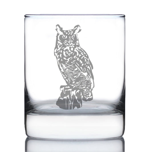 Great Horned Owl Engraved Rocks Glass Owl Decor and Bird Lover Gifts Weighted Whiskey Glasses - 10.25 oz