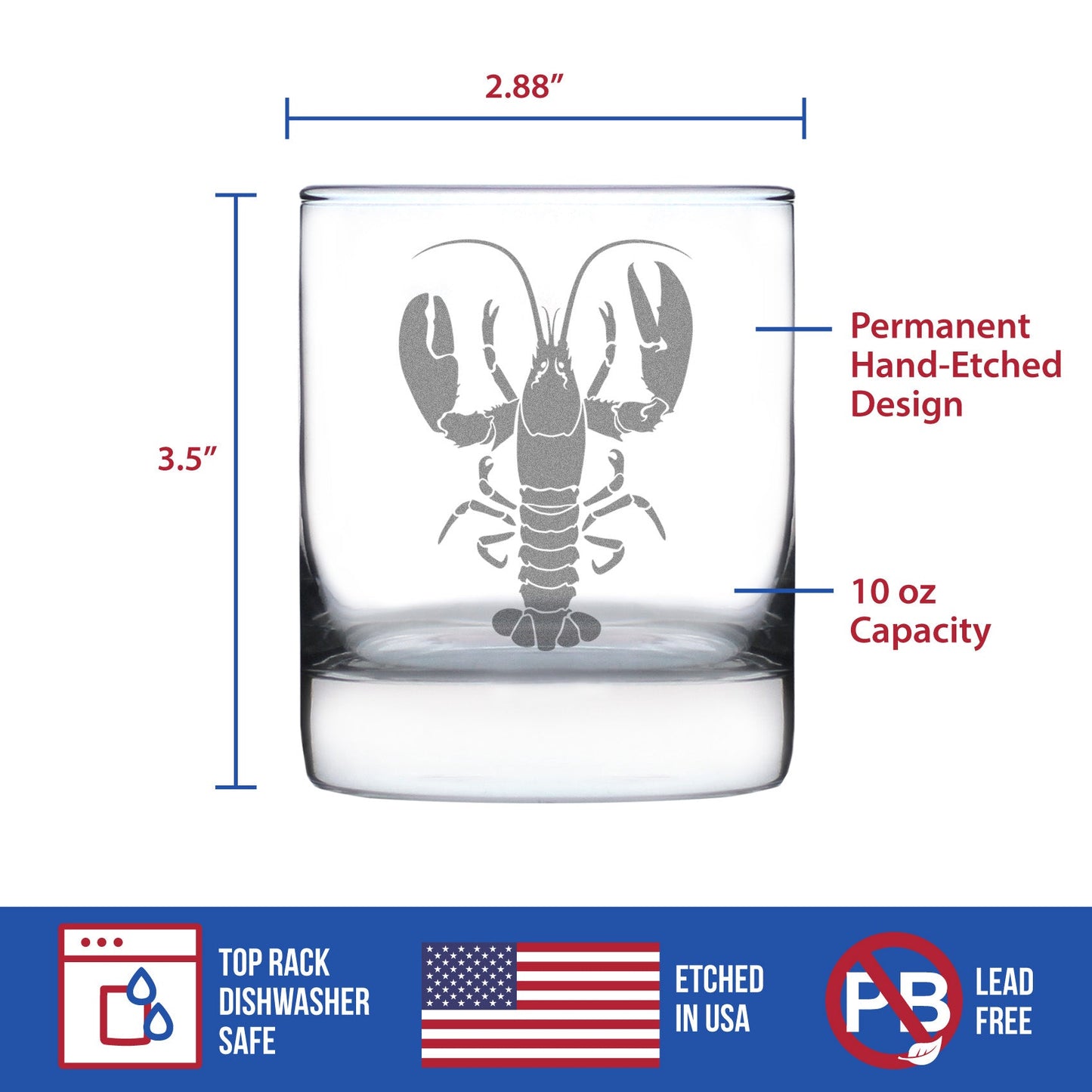 Lobster Engraved Rocks Glass Lobster Gifts, Maine Souvenirs and Decor Weighted Whiskey Glasses - 10.25 oz