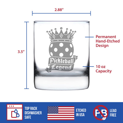 Pickleball Legend Engraved Rocks Glass Gifts for Picklers Weighted Whiskey Glasses - 10.25 oz