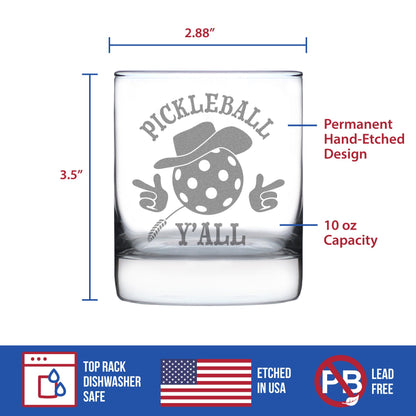Pickleball Y'all Engraved Rocks Glass Gifts Funny Pickleball Gifts Weighted Whiskey Glasses - 10.25 oz
