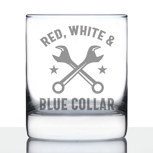 Red White & Blue Collar Engraved Rocks Glass Gifts Gifts for Tradesmen, Manual Labor Workers Weighted Whiskey Glasses - 10.25 oz