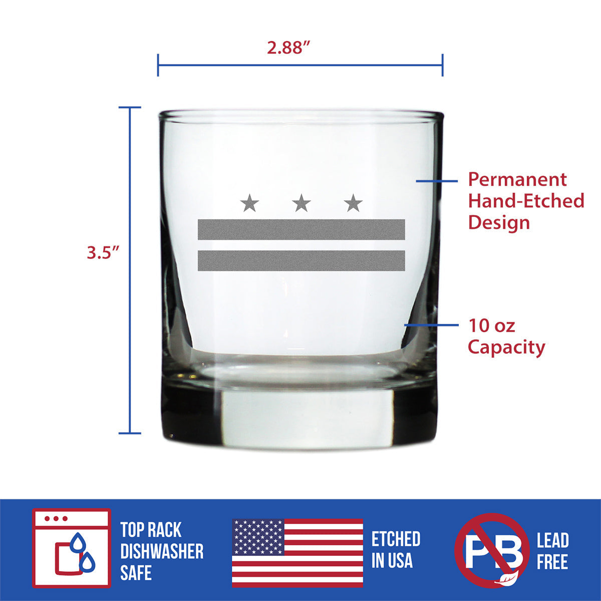 Washington DC Flag Whiskey Rocks Glass - State Themed Drinking Decor and Gifts for Washingtonian Women & Men - 10.25 Oz Whisky Tumbler Glasses