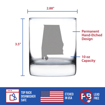 Alabama State Outline Whiskey Rocks Glass - State Themed Drinking Decor and Gifts for Alabaman Women & Men - 10.25 Oz Whisky Tumbler Glasses