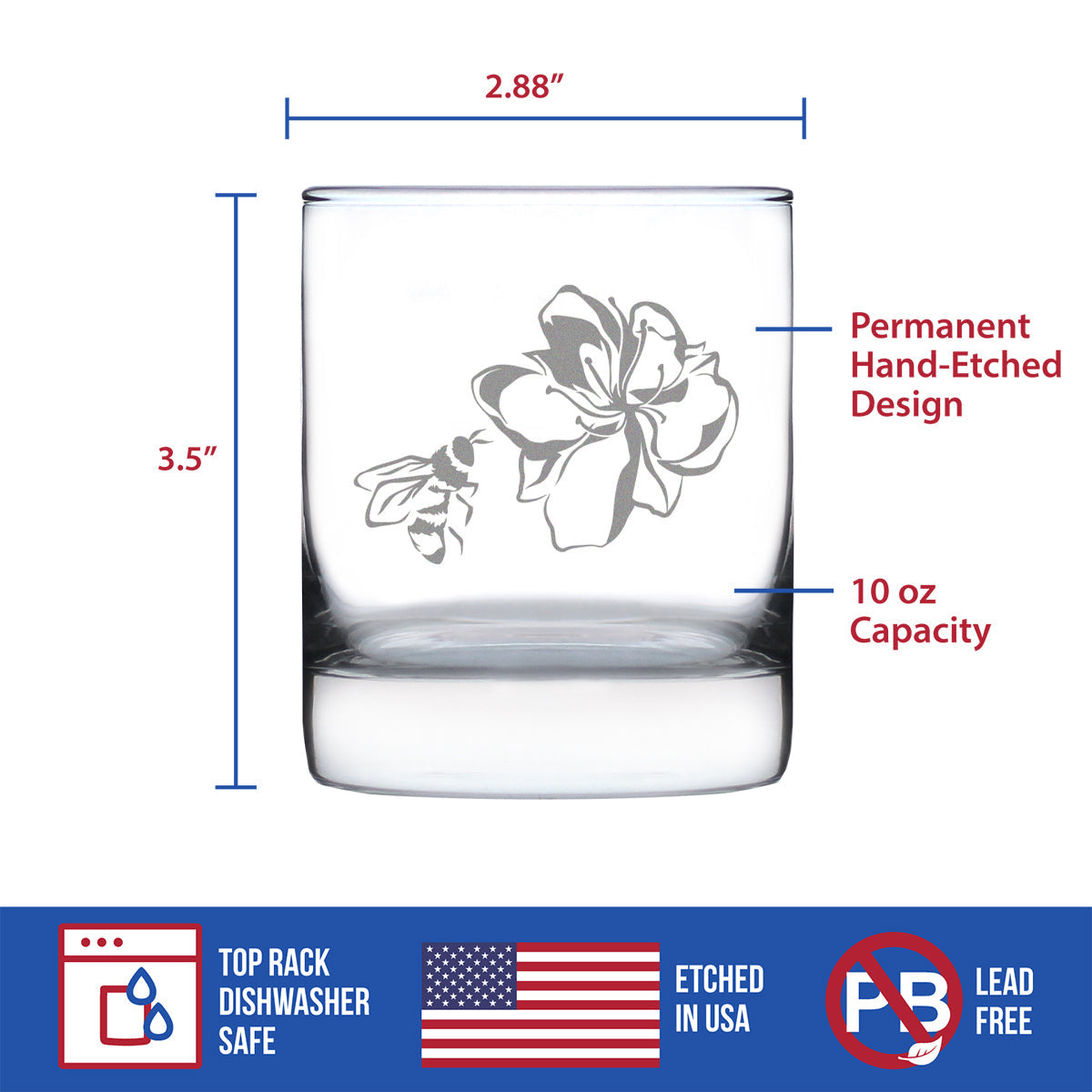 Bee Flower - Whiskey Rocks Glass - Cute Gifts for Bumblebee & Nature Lovers - 10.25 Oz