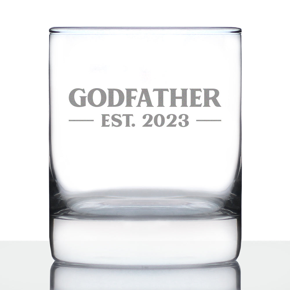 Godfather Est. 2023 - Bold - 10 oz Rocks Glass or Old Fashioned Glass, Etched Sayings, Father's Day Gift, Fun Baby Reveal for Godparents