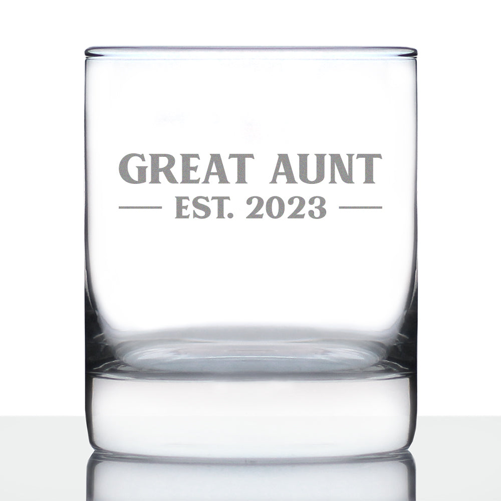 Great Aunt Est. 2023 - Bold - 10 oz Rocks Glass or Old Fashioned Glass, Etched Sayings, Gift & Baby Reveal