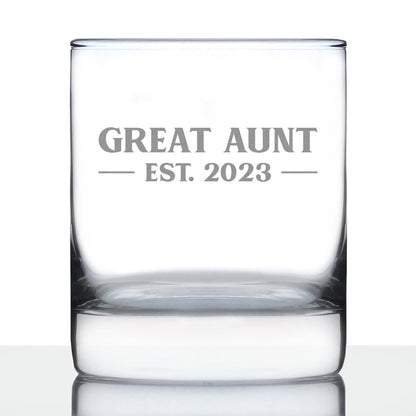 Great Aunt Est. 2023 - Bold - 10 oz Rocks Glass or Old Fashioned Glass, Etched Sayings, Gift & Baby Reveal