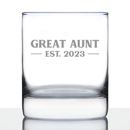 Great Aunt Est. 2023 - Bold - 10 oz Rocks Glass or Old Fashioned Glass, Etched Sayings, Gift & Baby Reveal
