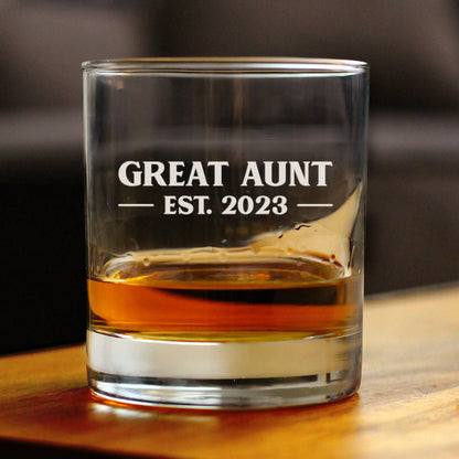 Great Aunt Est. 2023 - Bold - 10 oz Rocks Glass or Old Fashioned Glass, Etched Sayings, Gift & Baby Reveal