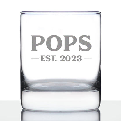 Pops Est. 2023 - Bold - 10 oz Rocks Glass or Old Fashioned Glass, Etched Sayings, Cute and Fun Reveal Gift for Grandparents