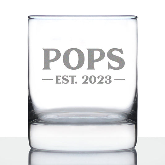Pops Est. 2023 - Bold - 10 oz Rocks Glass or Old Fashioned Glass, Etched Sayings, Cute and Fun Reveal Gift for Grandparents