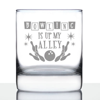Bowling Alley Is Up My Alley - Whiskey Rocks Glass - Funny Bowling Themed Gifts and Decor for Bowlers - 10.25 Oz Glass