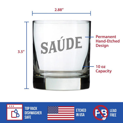 Saude - Portuguese Cheers - Whiskey Rocks Glass - Cute Portugal Themed Gifts or Party Decor for Women and Men - 10.25 Oz