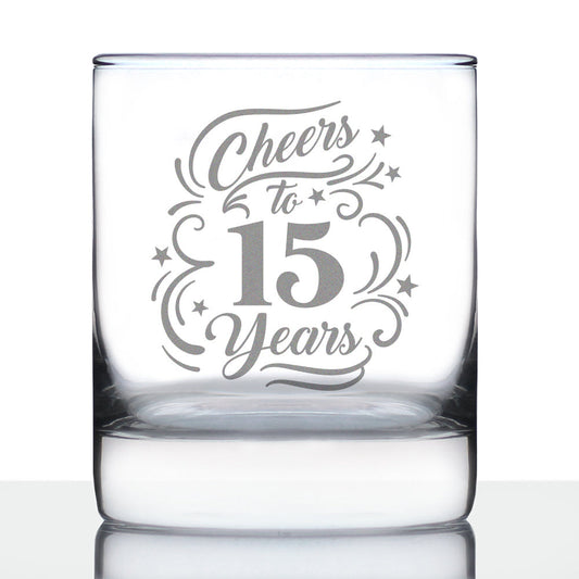 Cheers to 15 Years - Whiskey Rocks Glass Gifts for Women & Men - 15th Anniversary Party Decor - 10.25 Oz Glasses