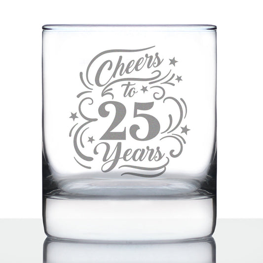 Cheers to 25 Years - Whiskey Rocks Glass Gifts for Women & Men - 25th Anniversary Party Decor - 10.25 Oz Glasses