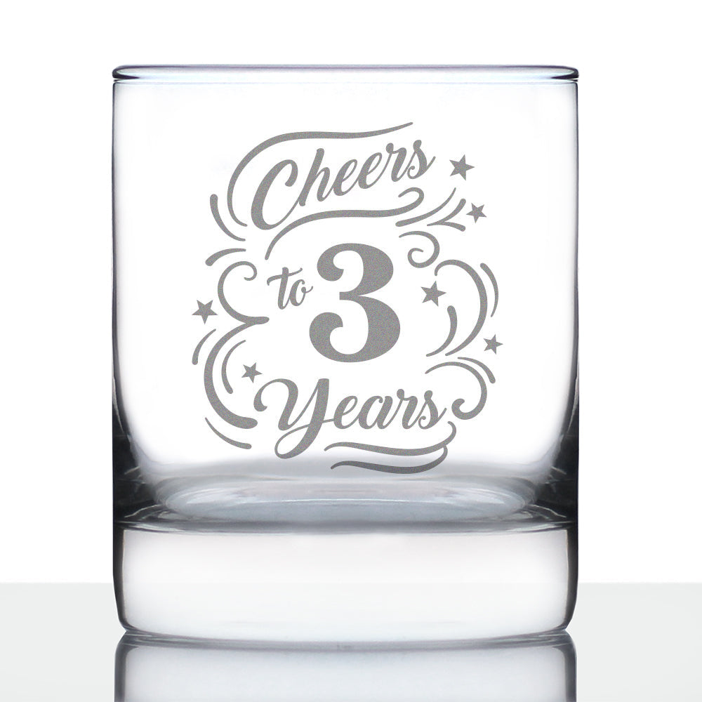 Cheers to 3 Years - Whiskey Rocks Glass Gifts for Women & Men - 3rd Anniversary Party Decor - 10.25 Oz Glasses