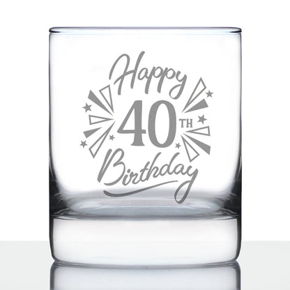 Happy 40th Birthday - Whiskey Rocks Glass Gifts for Men & Women Turning 40 - Fun Retro Bday Whisky Drinking Tumbler
