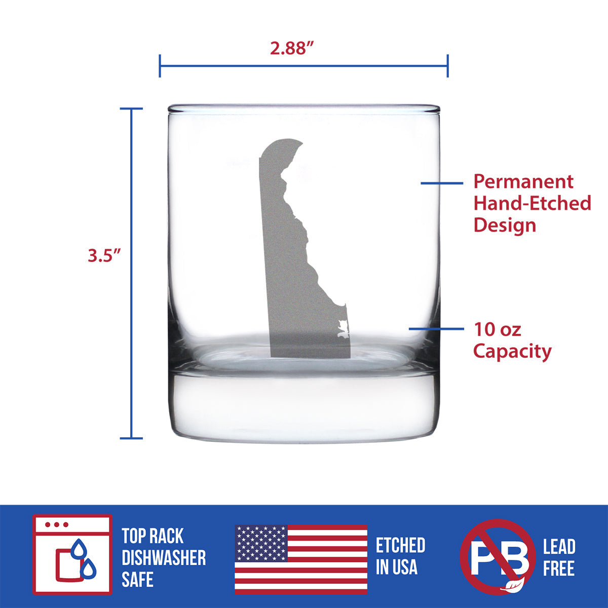 Delaware State Outline Whiskey Rocks Glass - State Themed Drinking Decor and Gifts for Delawarean Women & Men - 10.25 Oz Whisky Tumbler Glasses
