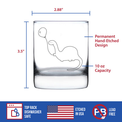 Dinosaur With Birthday Balloon - Whiskey Rocks Glass - Cute Funny Dino Themed Gifts and Decor for Dinosaur Lovers - 10.25 Oz Glass
