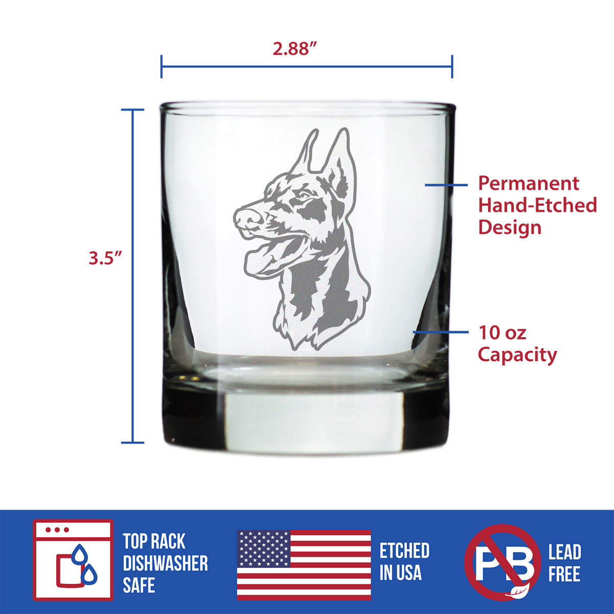 Doberman Face Whiskey Rocks Glass - Unique Dog Themed Decor and Gifts for Moms & Dads of Pinscher Dobermans - 10.25 Oz