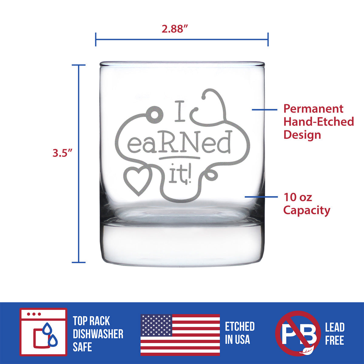I eaRNed It 10 oz Rocks Glass or Old Fashioned Glass, Etched Sayings, Gift for Coworkers,  Cute Nurse Friend Gifts