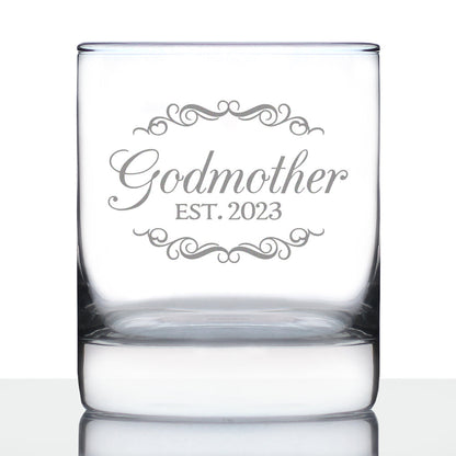 Godmother Est. 2023 - Decorative 10 oz Rocks Glass or Old Fashioned Glass - Reveal Gift for New Godmothers, Mother's Day for Godmom