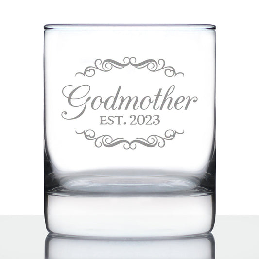 Godmother Est. 2023 - Decorative 10 oz Rocks Glass or Old Fashioned Glass - Reveal Gift for New Godmothers, Mother's Day for Godmom