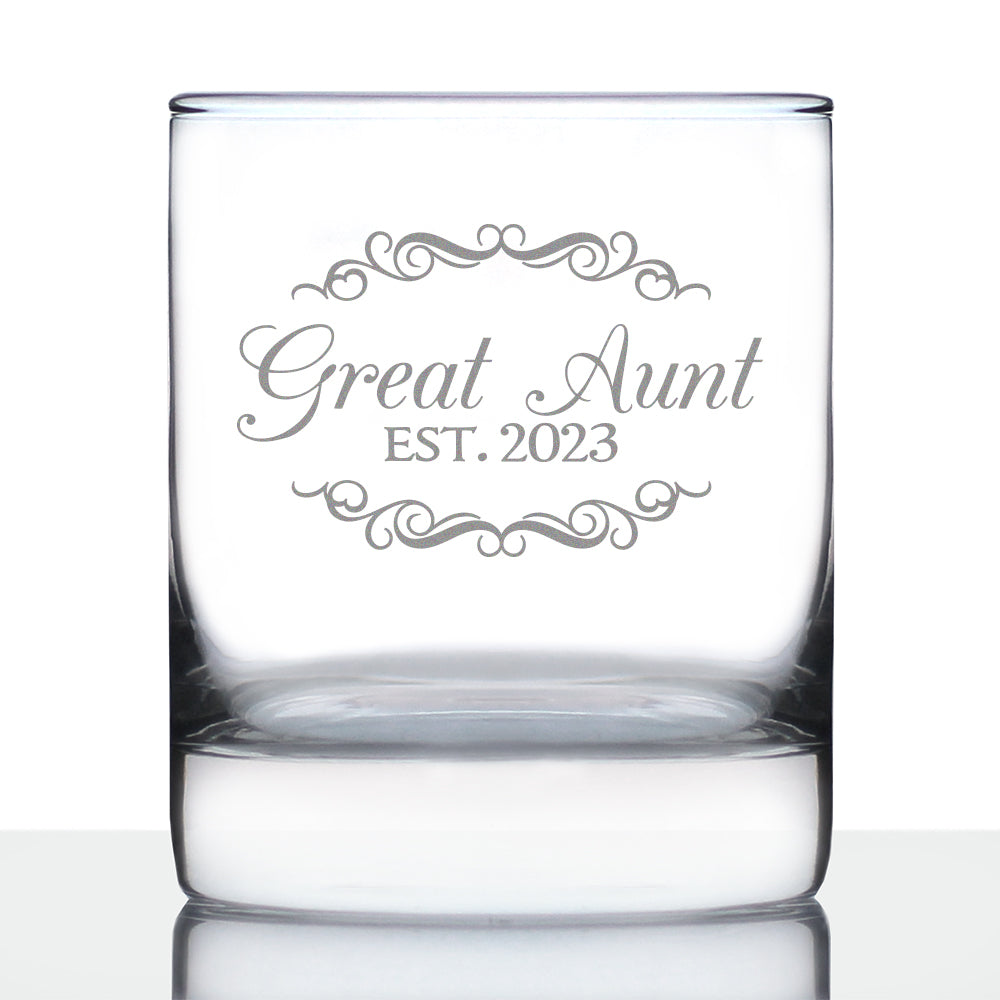 Great Aunt Est. 2023  - Decorative 10 oz Rocks Glass or Old Fashioned Glass, Etched Sayings, Women's Gifts & Baby Reveal