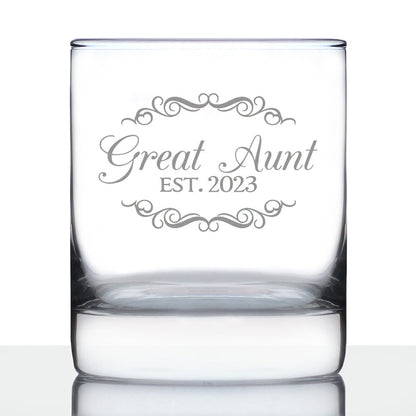 Great Aunt Est. 2023  - Decorative 10 oz Rocks Glass or Old Fashioned Glass, Etched Sayings, Women's Gifts & Baby Reveal