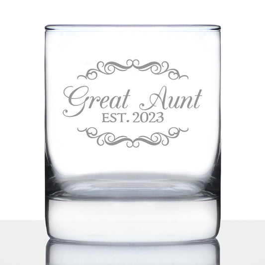 Great Aunt Est. 2023  - Decorative 10 oz Rocks Glass or Old Fashioned Glass, Etched Sayings, Women's Gifts & Baby Reveal