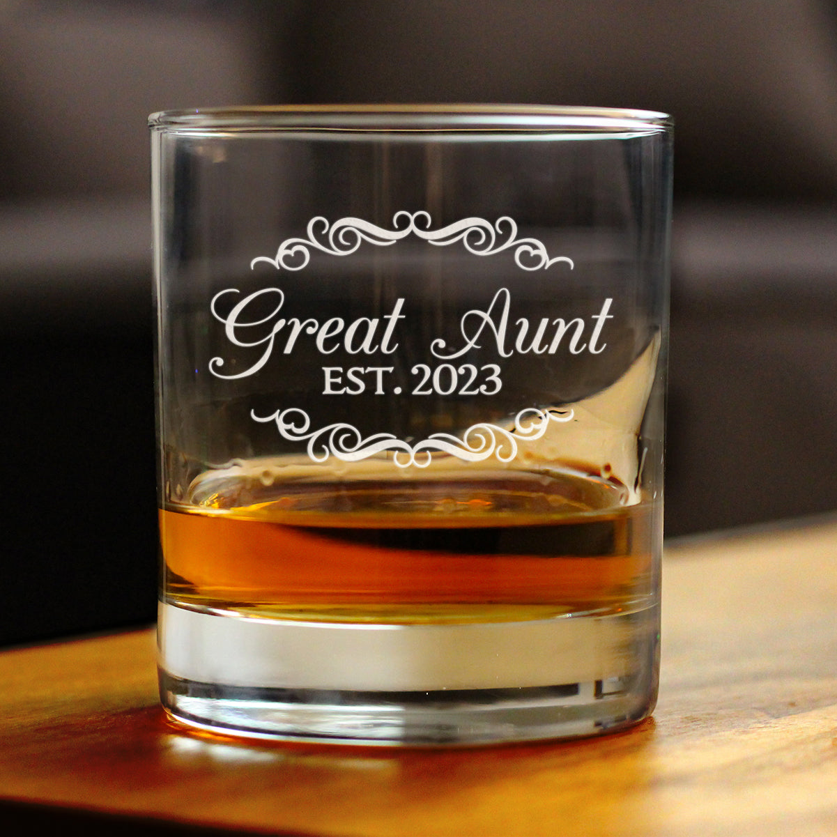 Great Aunt Est. 2023  - Decorative 10 oz Rocks Glass or Old Fashioned Glass, Etched Sayings, Women's Gifts & Baby Reveal