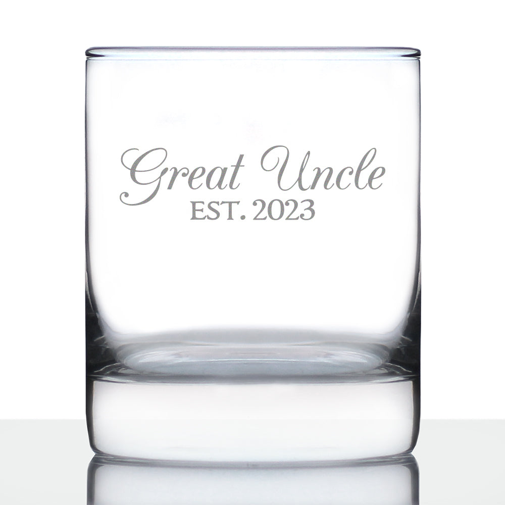 Great Uncle Est. 2023 - Decorative 10 oz Rocks Glass or Old Fashioned Glass Etched Sayings, Pregnancy Announcement & Baby Reveal