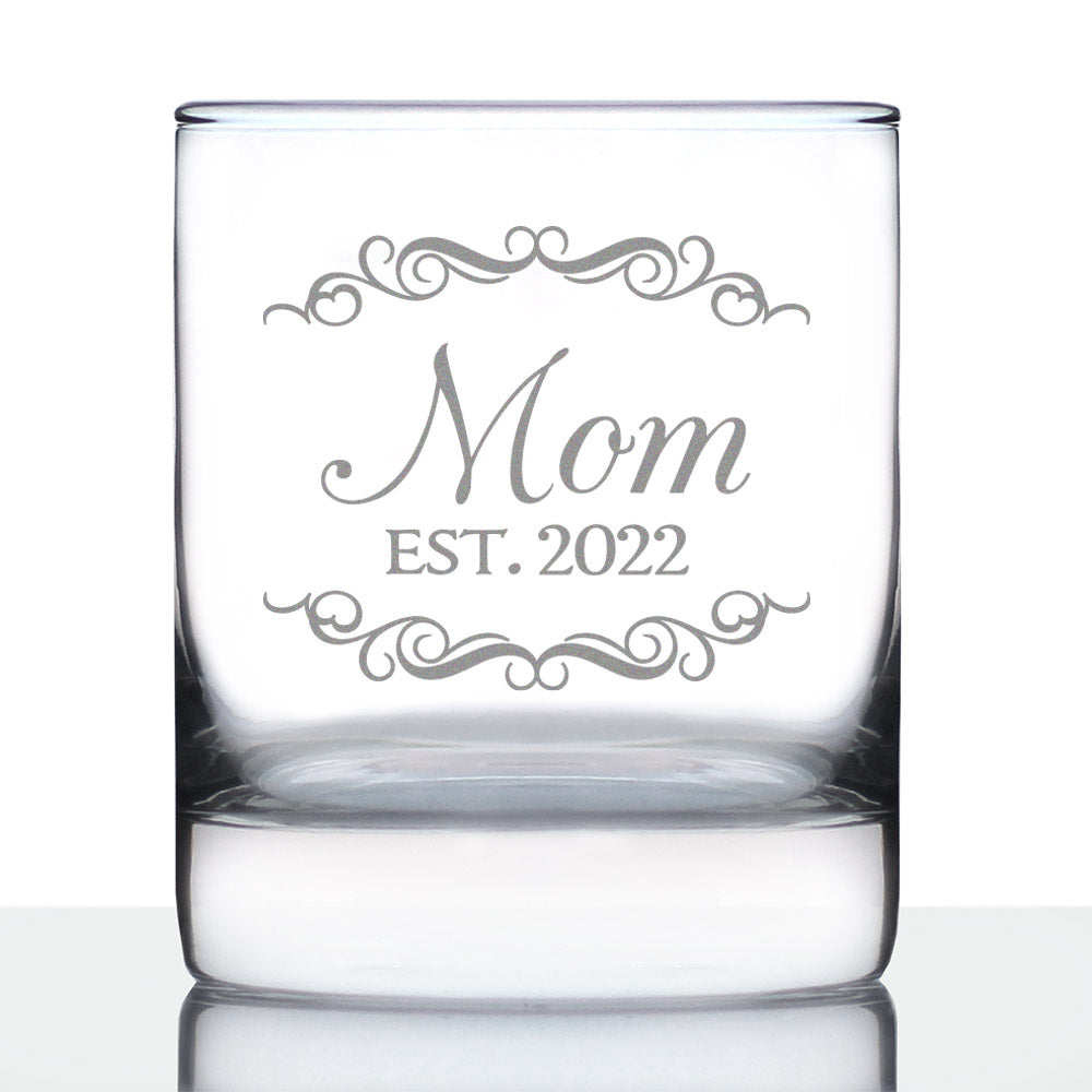Mom Est 2022 - New Mother Whiskey Rocks Glass Gift for First Time Parents - Decorative 10.25 Oz Glasses