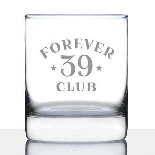Forever 39 Club - Whiskey Rocks Glass 40th Birthday Gifts for Men & Women Turning 40 - Fun Retro Bday Whisky Drinking Tumbler - 10.25 Oz