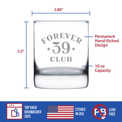 Forever 39 Club - Whiskey Rocks Glass 40th Birthday Gifts for Men & Women Turning 40 - Fun Retro Bday Whisky Drinking Tumbler - 10.25 Oz